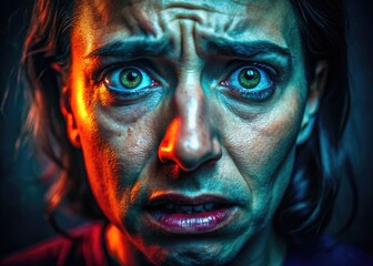 Emotion of Fear Captured in a Close-Up of a Face Expressing Anxiety and Concern in a Dark Setting