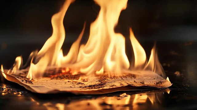 Burning paper engulfed in flames on a reflective surface, dramatic fire and destruction concept
