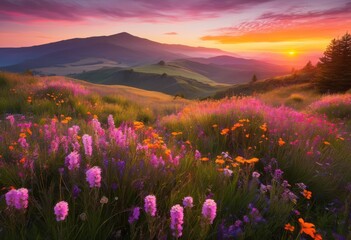 Obraz premium vibrant flora bathed beautiful glow stunning sunrise over horizon, flowers, plants, foliage, landscape, dawn, sky, colors, light, nature, beauty, petals