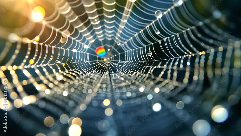 Wall mural a 3d macro shot of a spider web covered in tiny dew droplets, each reflecting light and creating tin