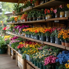 A colorful display of potted flowers on wooden shelves in a garden center.