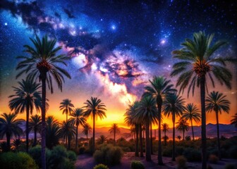 Obraz premium Enchanting Arabian Nights Background with Starry Sky, Silhouettes of Palms and Mystical Landscape