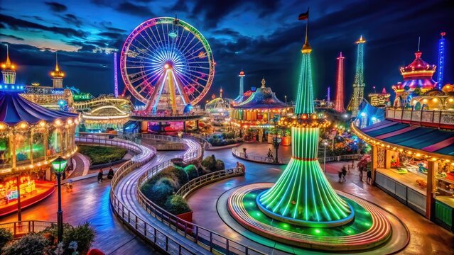 Enchanting Astroland Theme Park at Night with Colorful Lights and Whimsical Attractions