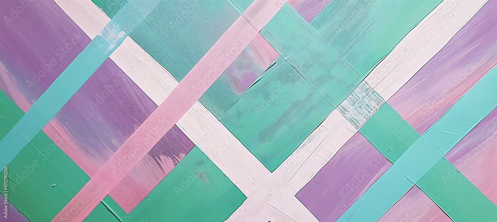 Poster vivid abstract composition featuring intersecting green and purple diagonal lines, evoking a sense o