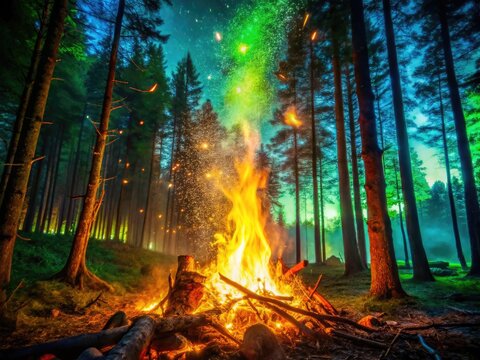 Enchanting Foxfire Glow Illuminating a Mystical Forest at Night with Ethereal Greenish Light