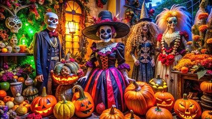Fototapeta premium Enchanting Halloween Costume Display with Themed Props and Accessories for Festive Celebrations