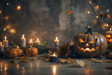 Fototapeta premium Ominous carved pumpkins, candles, autumn leaves and garlands. Autumn spooky décor for Halloween. Glowing jack-o-lantern with a menacing grin, surrounded by other pumpkins
