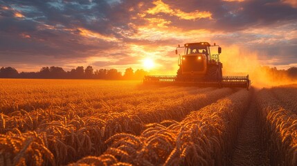 Fototapeta premium A tractor harvests wheat in a golden field at sunset.