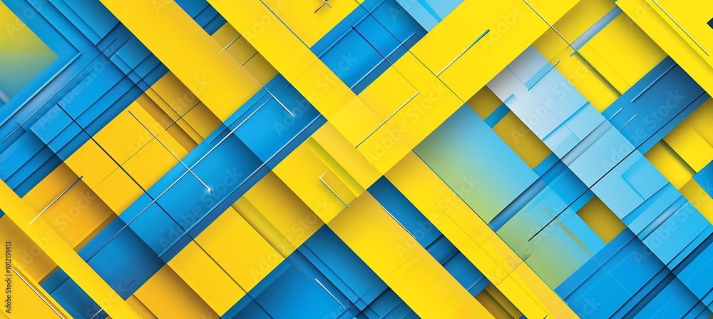 Poster striking abstract composition with diagonal yellow and blue lines, blending bold contrasts to evoke 
