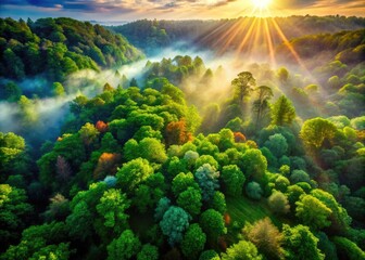 Enchanting Mystical Forest with Lush Greenery and Soft Sunlight Filtering Through the Leaves