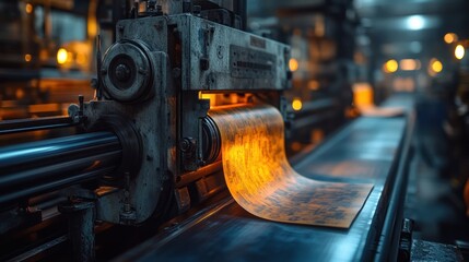 Fototapeta premium Close-up of a vintage printing press in operation, with a roll of paper feeding through the machine. The image is lit with a warm glow, emphasizing the machinery's industrial character.