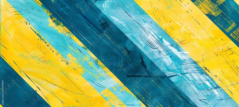 Poster vivid yellow and deep blue abstract background featuring dynamic diagonal lines, creating a bold con
