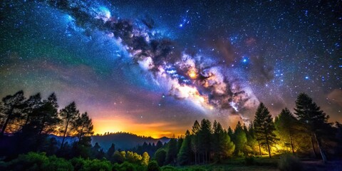 Obraz premium Enchanting Night Sky Over a Lush Forest Illuminated by a Blanket of Twinkling Stars and Galaxies
