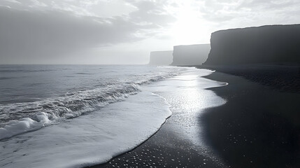 Black Sand Beach with White Waves and Cliffs in the Distance - A Realistic Photo