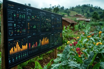 A large digital display showing data and charts in a field with green plants and flowers.