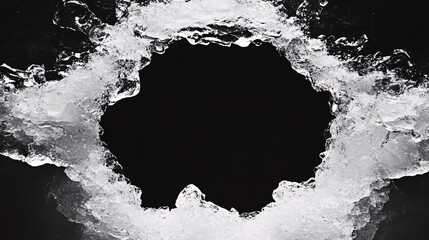 Hole, broken in a pure transparent crushed ice with cracks on a black background, close-up