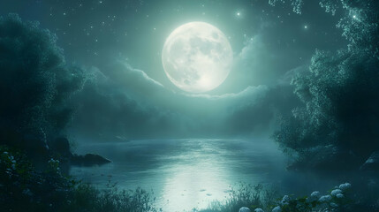 Fototapeta premium Nighttime Lake with Full Moon and Stars Illustration