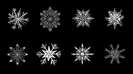 These are icons and designs of snowflakes, perfect for winter themes. They are white and can be used as templates for creating your own designs.