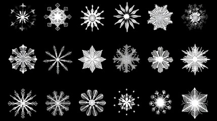 These are icons and designs of snowflakes, perfect for winter themes. They are white and can be used as templates for creating your own designs.