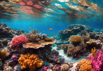 Fototapeta premium vibrant underwater close ups capturing lush details colorful coral ecosystems crystal clear waters, blue, ocean, nature, marine, sea, habitat, flora