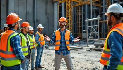 Construction Workers Meeting and Discussing Plans.