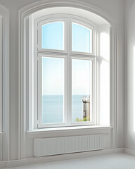 Fototapeta premium A modern window with a view of a lush green forest. Perfect for interior design, home decor,