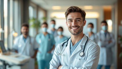 Fototapeta premium Confident Male Doctor in a Hospital Setting with Colleagues in the Background.