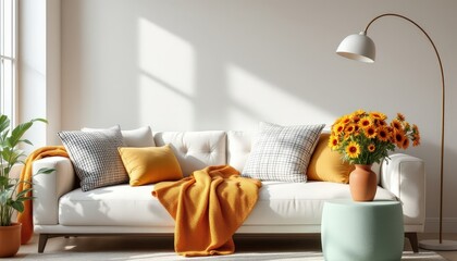 Modern Living Room Interior with White Sofa and Sunflowers.