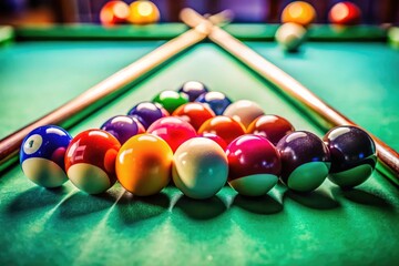 Energetic Pool Game in Progress with Colorful Balls and Cue Sticks on a Well-Lit Billiard Table