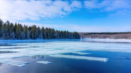 Cape May Nature Center. Sky reflections on winter lake ice