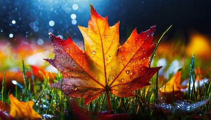 A fallen maple leaf, glistening with dew, rests upon a bed of emerald green grass, a vibrant testament to the beauty of autumn.
