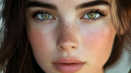 Fototapeta premium Close-Up Portrait of a Woman with Freckles and Green Eyes - Realistic Illustration