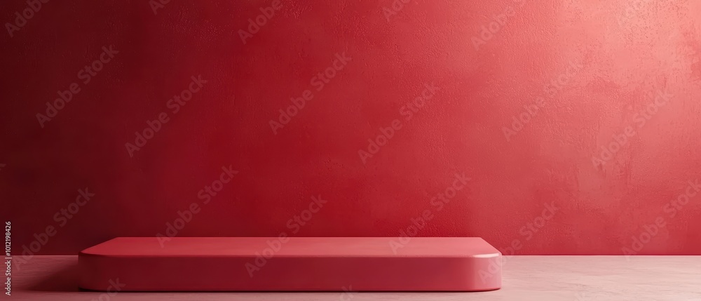 Poster a minimalist scene featuring a smooth red platform against a textured red wall, perfect for product 