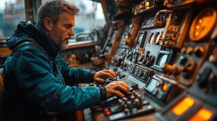 A mature man with grey hair wearing a blue jacket sits in the cockpit of a ship and operates a control panel.