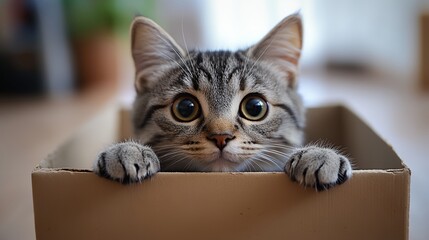 a cat is looking over a cardboard box