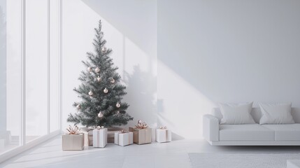 Minimalist Christmas Living Room with Decorated Tree, White Sofa, and Wrapped Gifts, Perfect for Holiday Home Decor, Elegant Seasonal Interiors, and Festive Celebrations