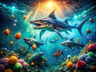Fototapeta premium Enigmatic Sea Monsters Emerging from the Depths of the Ocean in a Mysterious Underwater Scene