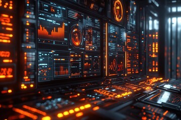 Futuristic control panel with glowing orange and blue interfaces.
