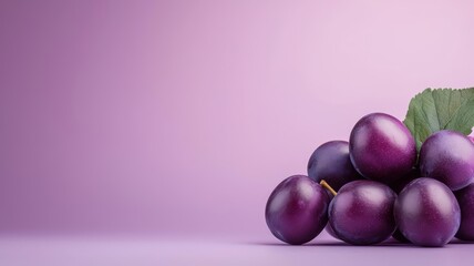 Fresh purple plums arranged stylishly on a muted pink background, perfect for showcasing health and...