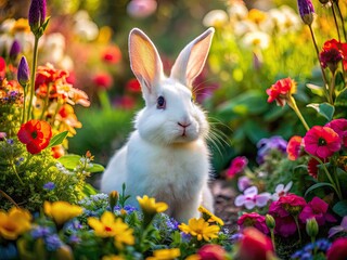Enigmatic White Rabbit in a Whimsical Wonderland Landscape Surrounded by Vibrant Flowers and Foliage