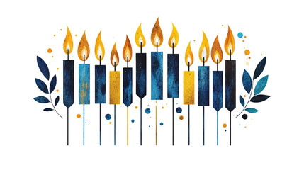 Colorful Hanukkah menorah illustration with burning candles, isolated PNG on transparent background