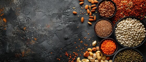 Variety of nuts and spices arranged on a textured surface