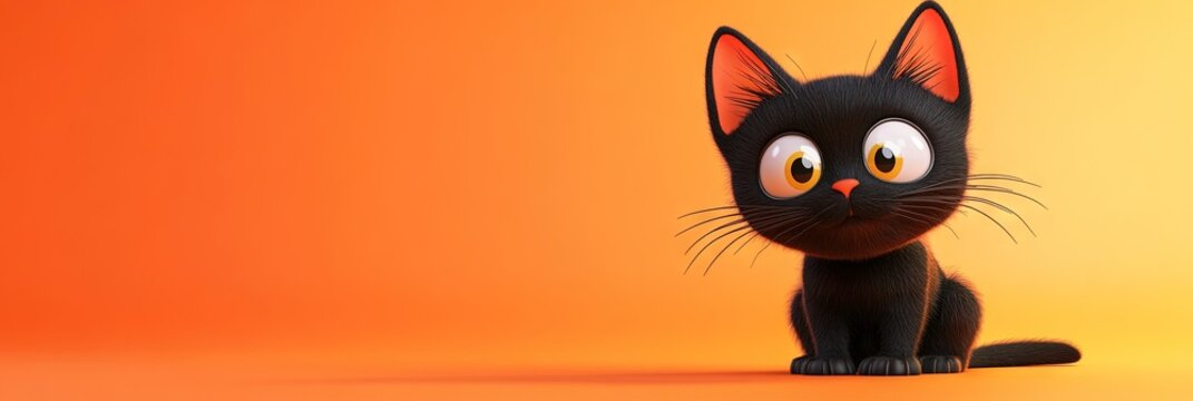 3D animated cartoon friendly black cat, solid background, copy space 