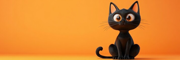 3D animated cartoon friendly black cat, solid background, copy space 
