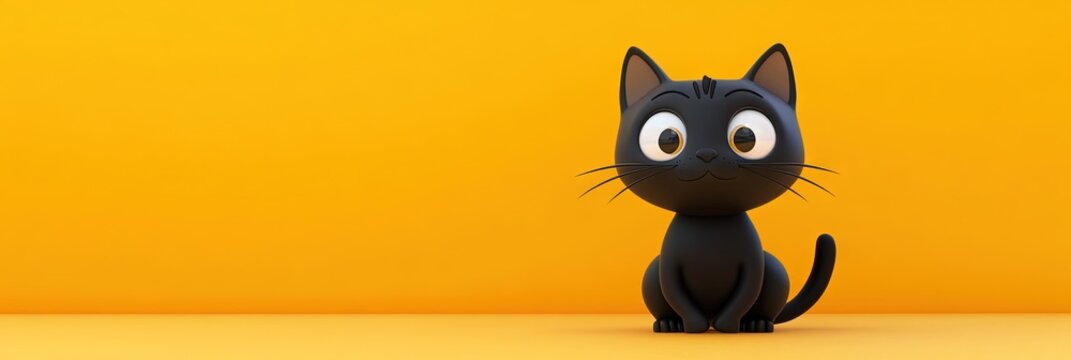 3D animated cartoon friendly black cat, solid background, copy space 