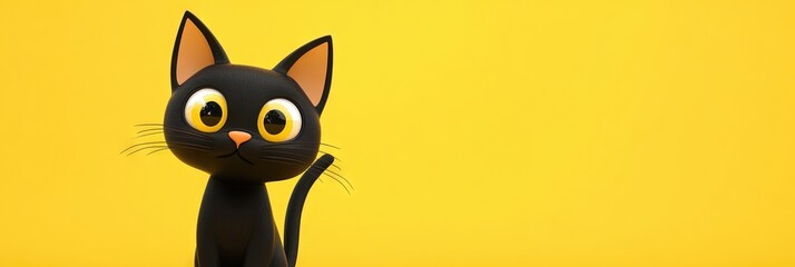 3D animated cartoon friendly black cat, solid background, copy space 