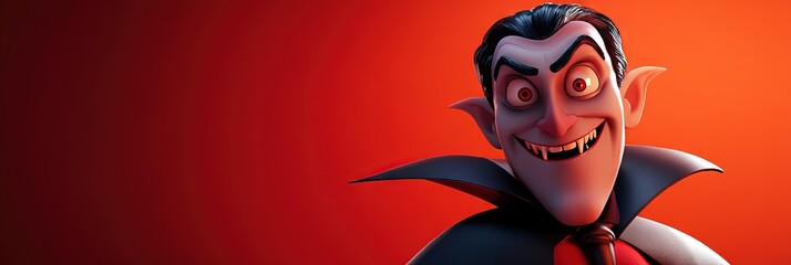3D animated cartoon friendly black dracula, solid background, copy space 