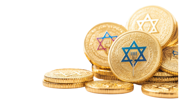 Jewish Hanukkah chocolate coins with Star of David symbol, isolated PNG on transparent background