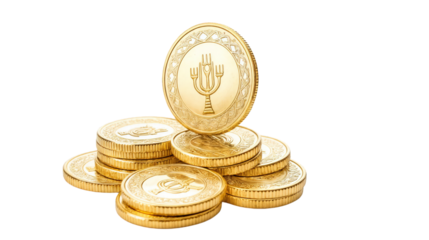Hanukkah gold coins with menorah symbol, isolated PNG on transparent background