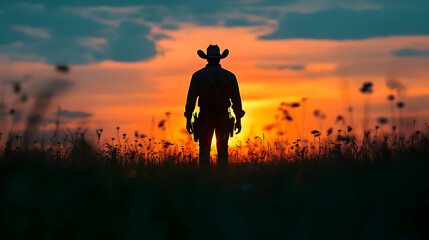 Fototapeta premium Silhouette of a Cowboy at Sunset in a Field Illustration